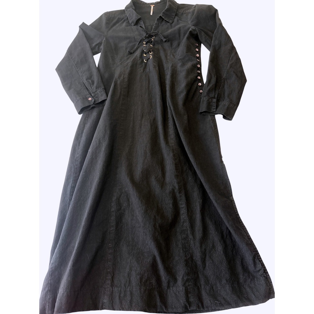 Free People Black Long Sleeve Gothic Lace Up Size Large Whimsigoth Maxi Dress‎ - Picture 2 of 12